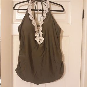Olive Green Swim Top With Crochet Trim